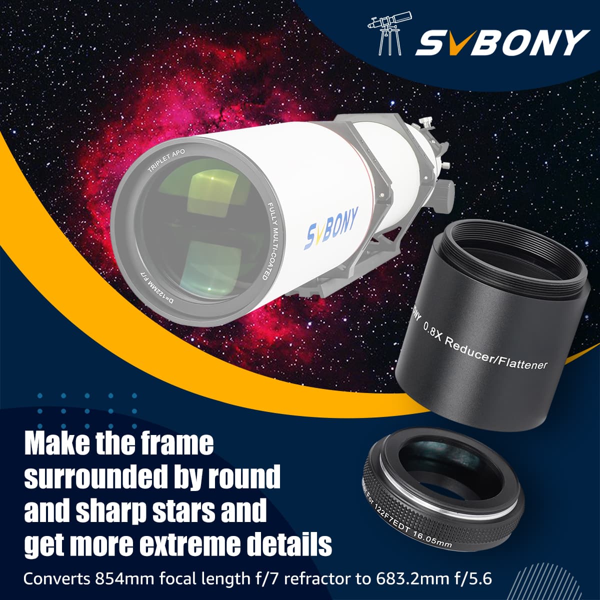Svbony Accessory SVBONY SV209 Focal Reducer/Field Flattener 0.8x for SV550 122F7 Triplet APO Refractor Black - W9161B