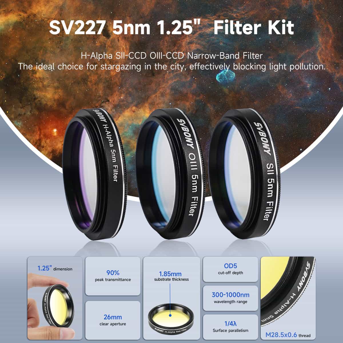Svbony Filter Svbony SV227 SHO 5nm 1.25" Filter Set SII H-Alpha OIII Narrowband Filters for Deep Sky - W9187A