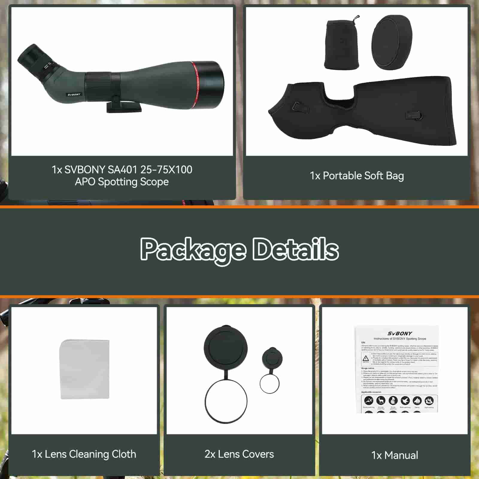 Svbony Guide Scope Svbony SA401 25-75X100 APO Spotting Scope Birding Camera Telephoto for WMBD Festival- F9375B