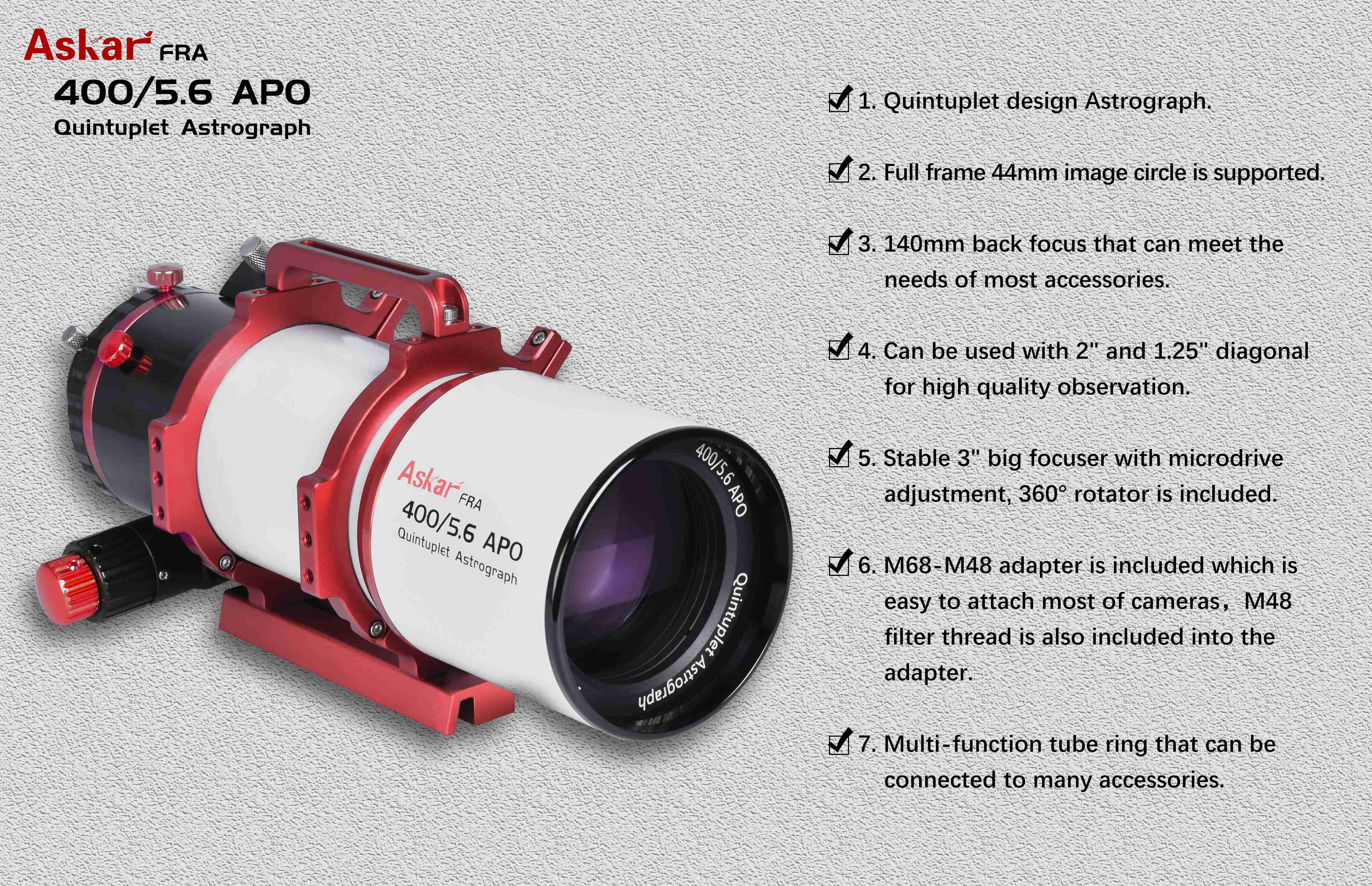 Askar Telescope Askar 72mm f/5.6 Quintuplet Petzval Flat-Field Astrograph - FRA400