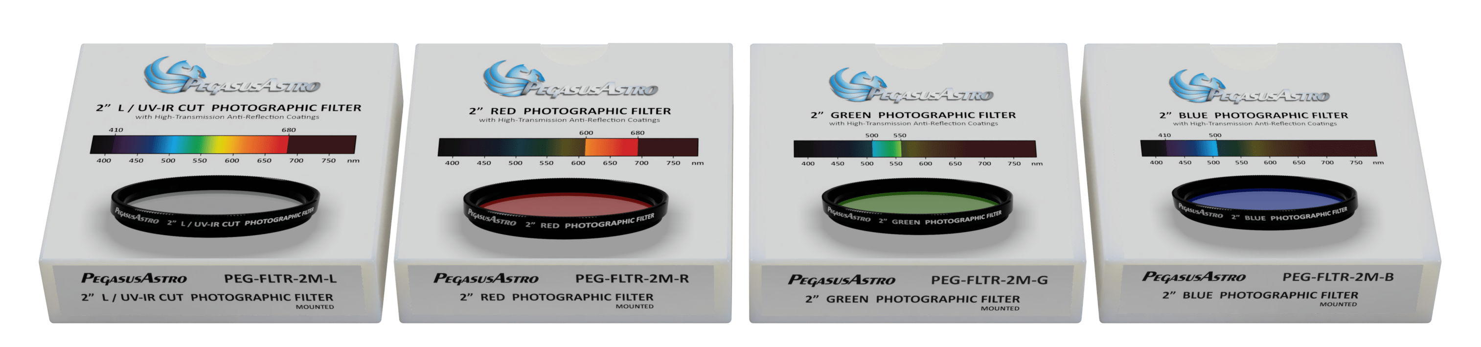 Pegasus Astro Filter Wheel LRGB Filter Set (set of 4 filters) Pegasus Astro 2" Filters - LRGB (Lum, Red, Green, Blue) & 7nm SHO (SII, Ha, OIII)