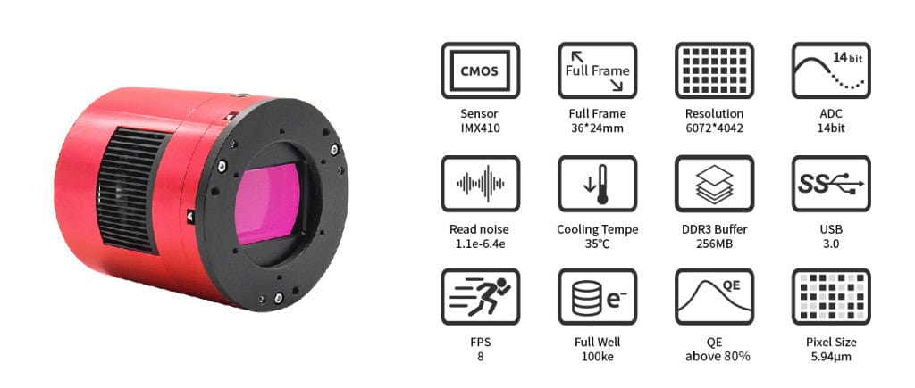 ZWO Camera ZWO ASI2400MC Pro 24MP 5.94µm Full Frame Cooled Colour CMOS Telescope Astrophotography Camera - ASI2400MC-P