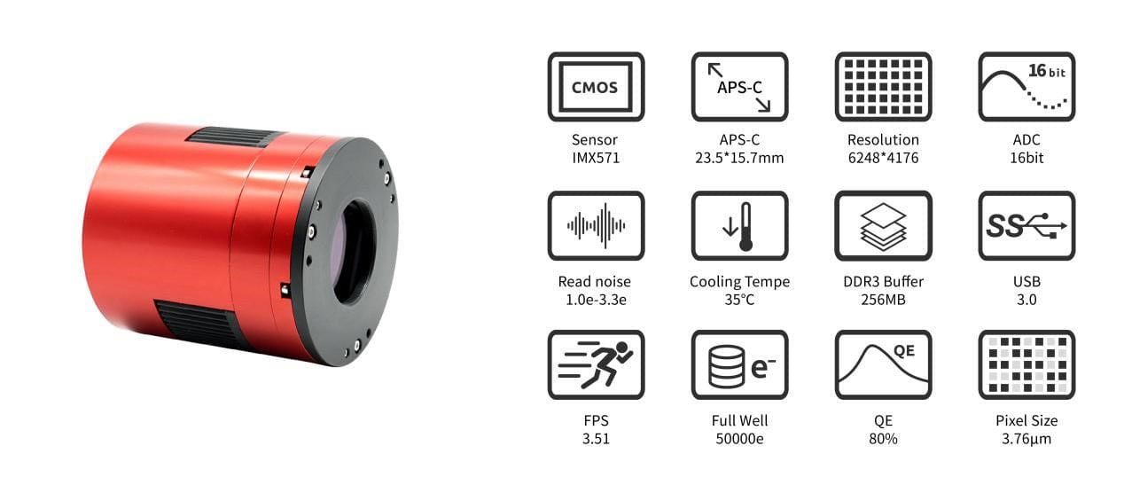 ZWO Camera ZWO ASI2600MM Pro 26MP 3.76µm Cooled Mono CMOS Telescope Astrophotography Camera - ASI2600MM-P
