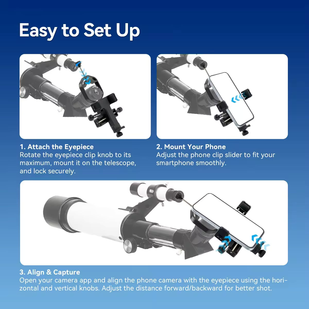 Adaptateur universel pour téléphone à 3 axes SVBONY SV214 Pro avec obturateur 28 mm-64 mm - W9176A / W9176B