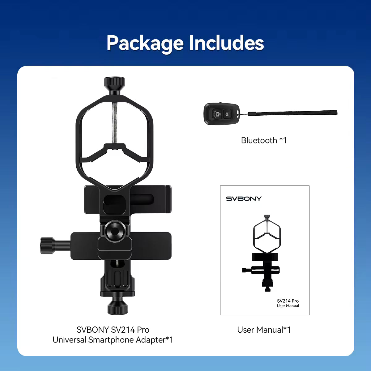 Adaptateur universel pour téléphone à 3 axes SVBONY SV214 Pro avec obturateur 28 mm-64 mm - W9176A / W9176B