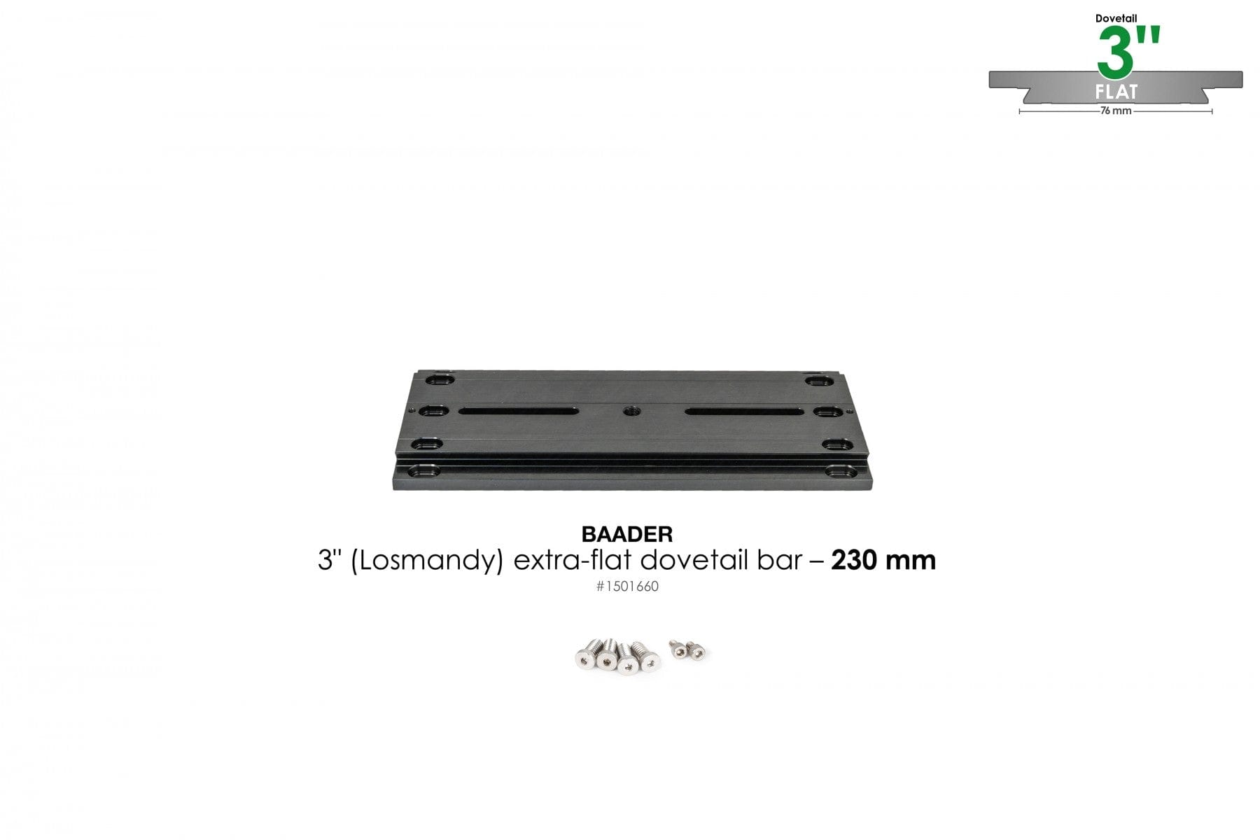 Baader Planetarium Accessory Baader 3" Losmandy Dovetail Bar, flat 230mm – fits Baader 3" Dovetail Clamps