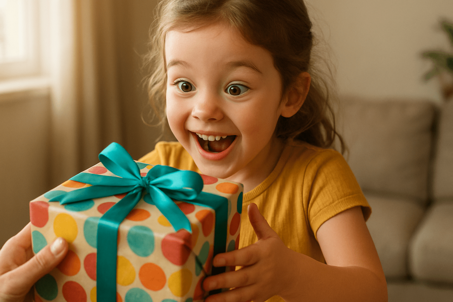 create an image of a young girl excited about receiving a gift