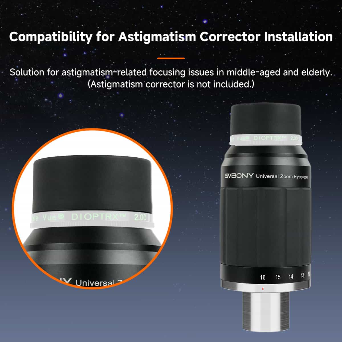 Svbony Eyepiece Svbony SV245 Zoom Eyepiece 8-16mm 63 Degrees with Parfocal & ClickStop Design for Visual Planetary Observation/Binoviewing- W9192A