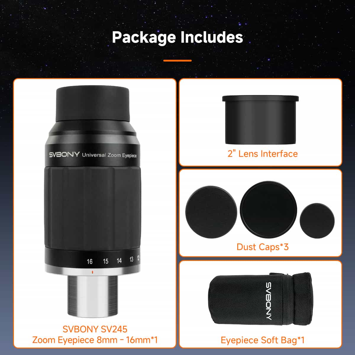 Svbony Eyepiece Svbony SV245 Zoom Eyepiece 8-16mm 63 Degrees with Parfocal & ClickStop Design for Visual Planetary Observation/Binoviewing- W9192A