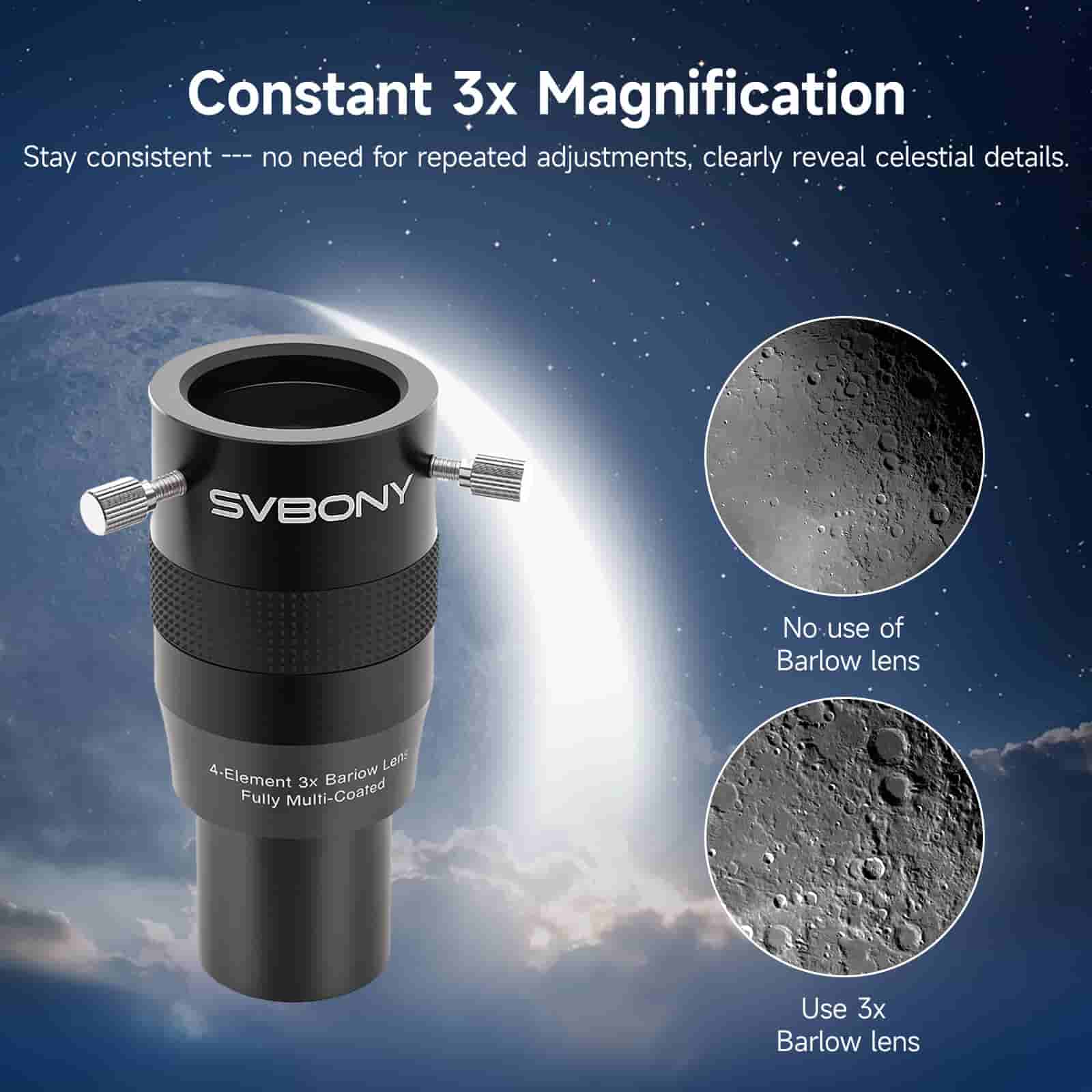 Svbony Eyepieces SVBONY SV216 1.25" 3X 4-Element Barlow Lens Planetary Visual and Photography - W9168B