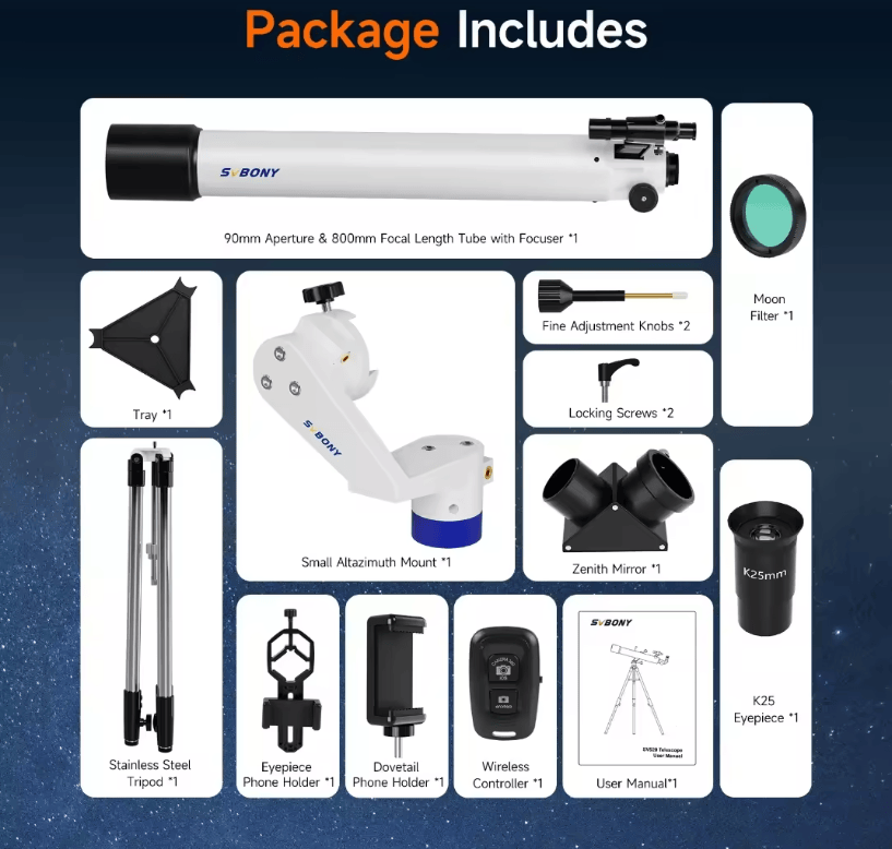 Svbony Telescopes SVBONY SV520 90mm f/8.9 AZ Refractor Telescope Kit - W9302A