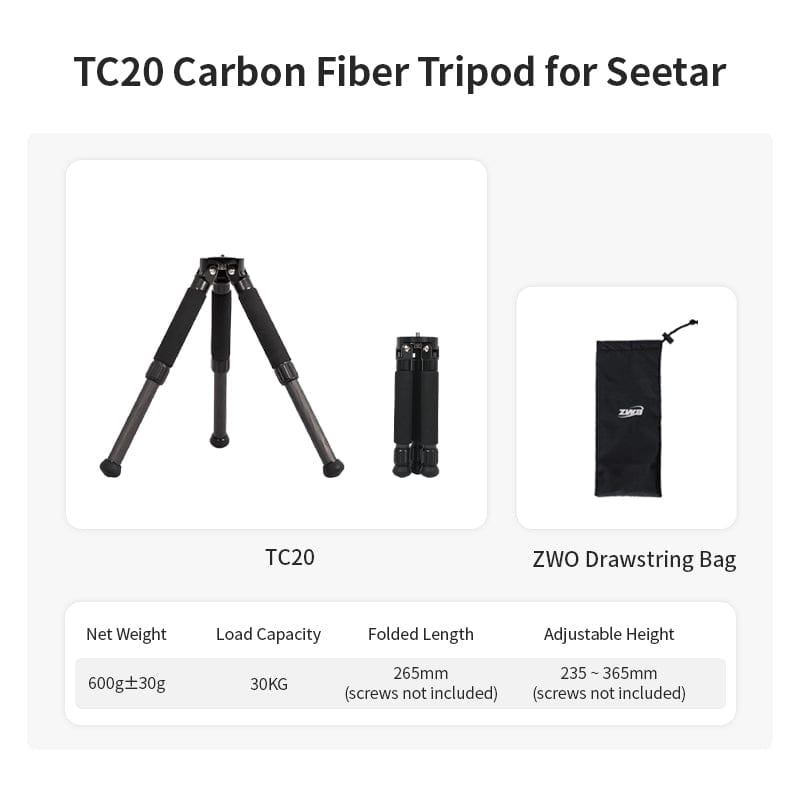 ZWO Tripod TC20 Carbon Fiber Tripod Seestar TH10 Fluid Tripod Head and TC20 Carbon Fiber Tripod